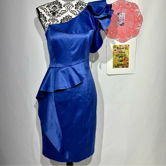 Jessica Simpson NWT Royal Blue Ruffled One-Shoulder Dress Size 8 - Picture 2 of 16